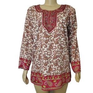 Sahiba Women's Blouse One size Fits Most Pink Red Gold Paisley Boho Lightweight